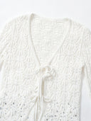 Rhinestone-Embellished Openwork Crochet Cardigan in White