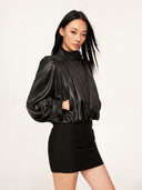 Cropped Satin-Finish Gathered Puff-Sleeve Jacket in Black