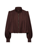 Cropped Satin-Finish Gathered Puff-Sleeve Jacket in Purple Coffee