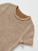 Shimmering Sequin Argyle Knit Short-Sleeve Top in Sandy gold