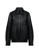 Oversized Leather Jacket with Lapel Collar in Black