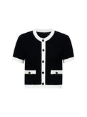 “Black & White Camellia” Knitted Short-Sleeve Cardigan with Hand-Crocheted Trim