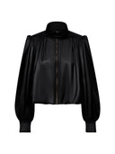 Cropped Satin-Finish Gathered Puff-Sleeve Jacket in Black