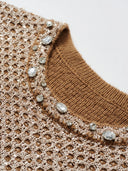Shimmering Sequin Argyle Knit Short-Sleeve Top in Sandy gold