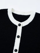 “Black & White Camellia” Knitted Short-Sleeve Cardigan with Hand-Crocheted Trim