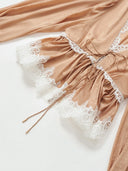 Long-Sleeve Blouse with Lace V-neck in Honey gold caramel