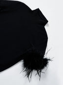 Short-Sleeve Knitted Top with Feather trim in Black