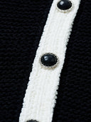 “Black & White Camellia” Knitted Short-Sleeve Cardigan with Hand-Crocheted Trim