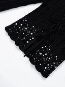 Rhinestone-Embellished Openwork Crochet Cardigan in Black