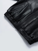 Oversized Leather Jacket with Lapel Collar in Black