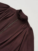 Cropped Satin-Finish Gathered Puff-Sleeve Jacket in Purple Coffee