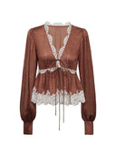 Long-Sleeve Blouse with Lace V-neck in Burnt Tea Brown