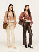 Long-Sleeve Blouse with Lace V-neck in Honey gold caramel