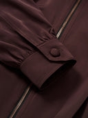 Cropped Satin-Finish Gathered Puff-Sleeve Jacket in Purple Coffee