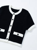 “Black & White Camellia” Knitted Short-Sleeve Cardigan with Hand-Crocheted Trim