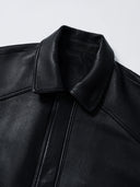Oversized Leather Jacket with Lapel Collar in Black