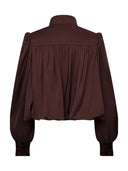 Cropped Satin-Finish Gathered Puff-Sleeve Jacket in Purple Coffee