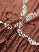 Long-Sleeve Blouse with Lace V-neck in Burnt Tea Brown