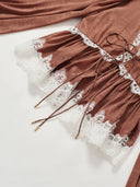 Long-Sleeve Blouse with Lace V-neck in Burnt Tea Brown
