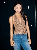 Sequin & Beaded Halter Camisole with Plunge Neck and Open Back