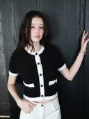 “Black & White Camellia” Knitted Short-Sleeve Cardigan with Hand-Crocheted Trim