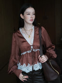 Long-Sleeve Blouse with Lace V-neck in Burnt Tea Brown