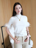 Short-Sleeve Knitted Top with Feather trim in White