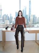Cropped Knit Cardigan with Hand-Crafted Embroidery in Caramel chestnut