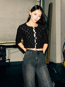 Cloud Textured Bubble-Knit Cropped Cardigan in Black
