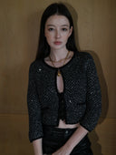 Shimmering Sequin Argyle Knit Cardigan in Stardust grey
