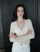 Wool-Cashmere Lace-Trimmed Flare-Sleeve Knit Cardigan in Moonlight White