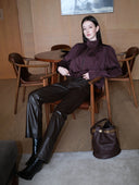 Cropped Satin-Finish Gathered Puff-Sleeve Jacket in Purple Coffee