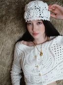 Cropped Knit Cardigan with Hand-Crafted Embroidery in Moonlight white