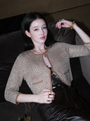 Shimmering Sequin Argyle Knit Cardigan in Sandy gold