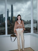 Long-Sleeve Blouse with Lace V-neck in Honey gold caramel