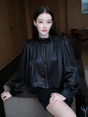Cropped Satin-Finish Gathered Puff-Sleeve Jacket in Black