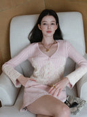 Wool-Cashmere Lace-Trimmed Flare-Sleeve Knit Cardigan in Sakura Pink