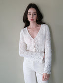 Rhinestone-Embellished Openwork Crochet Cardigan in White