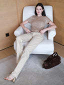 Shimmering Sequin Argyle Knit Short-Sleeve Top in Sandy gold