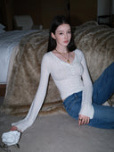 Merino Wool Knit Top with Flared Sleeves in White