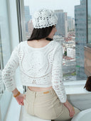 Cropped Knit Cardigan with Hand-Crafted Embroidery in Moonlight white