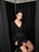Rhinestone-Embellished Openwork Crochet Cardigan in Black