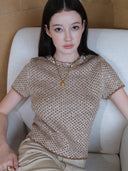 Shimmering Sequin Argyle Knit Short-Sleeve Top in Sandy gold