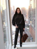 Cropped Satin-Finish Gathered Puff-Sleeve Jacket in Black
