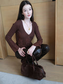Wool-Cashmere Lace-Trimmed Flare-Sleeve Knit Cardigan in Caramel Chestnut