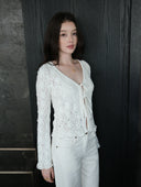 Rhinestone-Embellished Openwork Crochet Cardigan in White