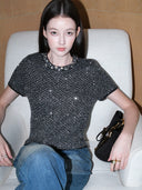 Shimmering Sequin Argyle Knit Short-Sleeve Top in Stardust grey