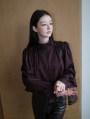 Cropped Satin-Finish Gathered Puff-Sleeve Jacket in Purple Coffee