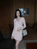 Wool-Cashmere Lace-Trimmed Flare-Sleeve Knit Cardigan in Sakura Pink