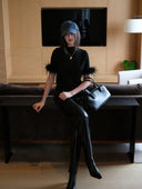 Short-Sleeve Knitted Top with Feather trim in Black